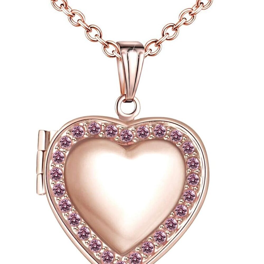 Love Heart Birthstones Locket Necklace Holds Pictures Paved Blue Red White CZ Ro